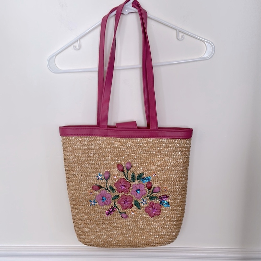 White Stag Flower Embroidered & Sequins Straw Shoulder Bag Pink Strap 13” Purse